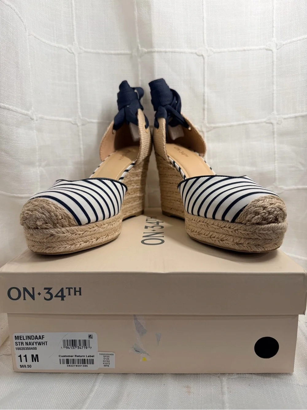 On 34th Melindaa Navy Stripe Espadrille Wedges Size 11M New